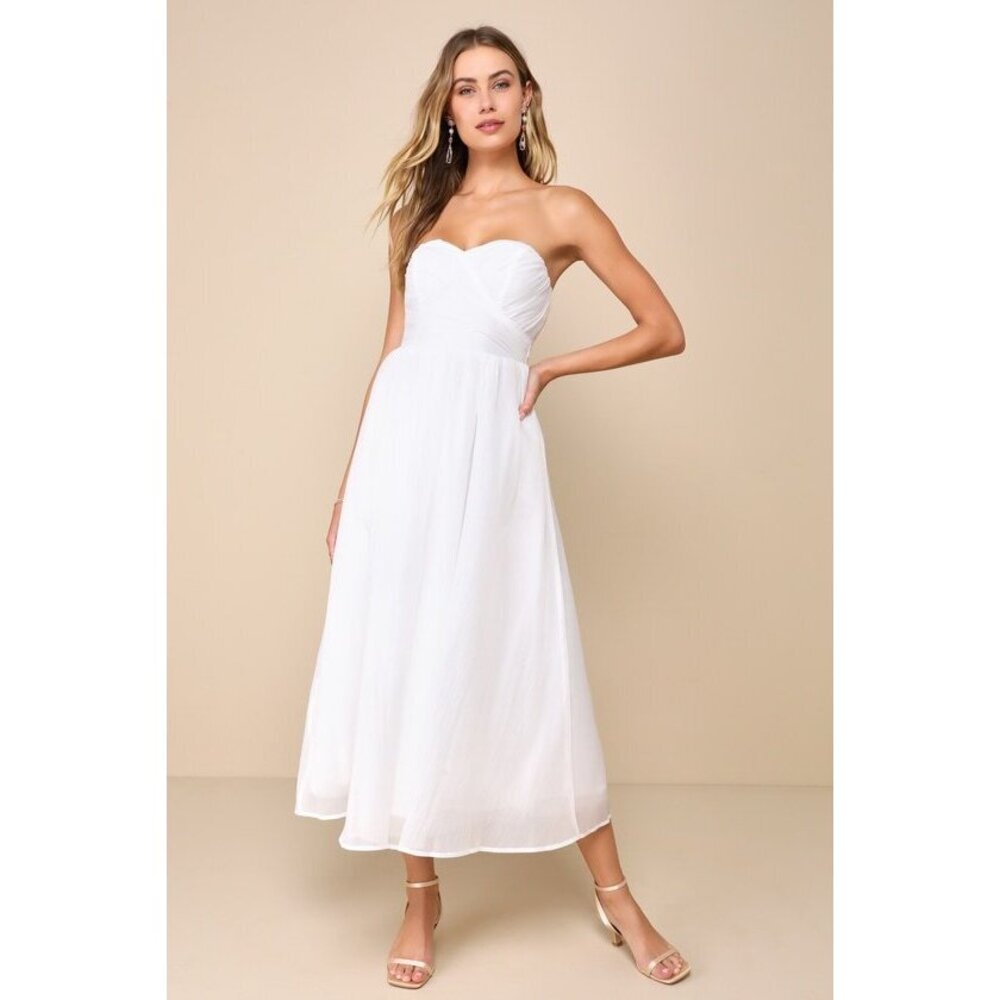 Lulus Fairytale Design White Organza Strapless A-line Midi Dress - Size M